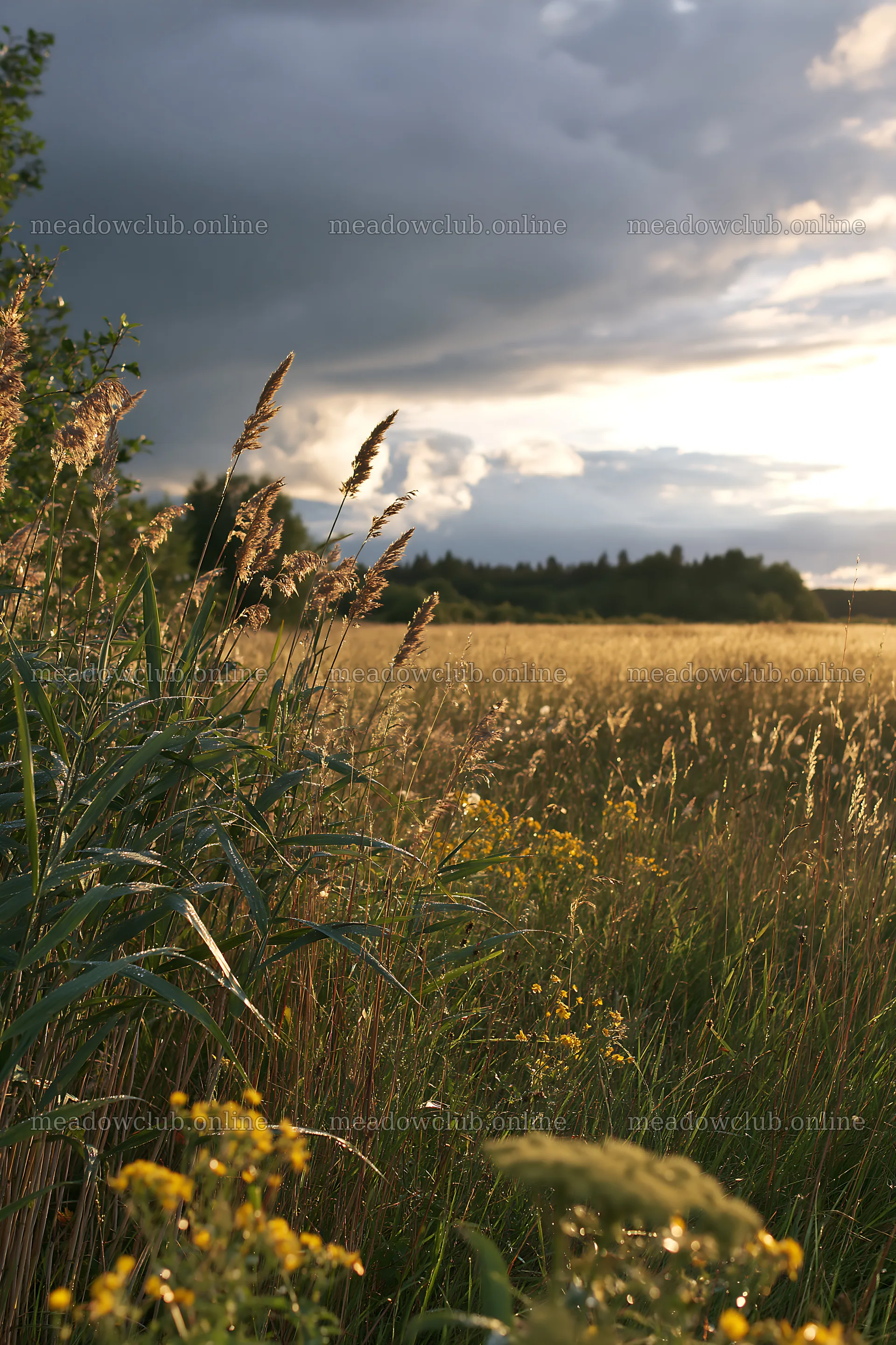 Saga floodplain meadow with reed foreground during sunset – meadow photos 6480x9722
