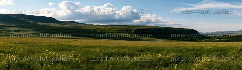 Buttercup hay meadow in the Yorkshire Dales under blue skies – meadow photos 14762x4268