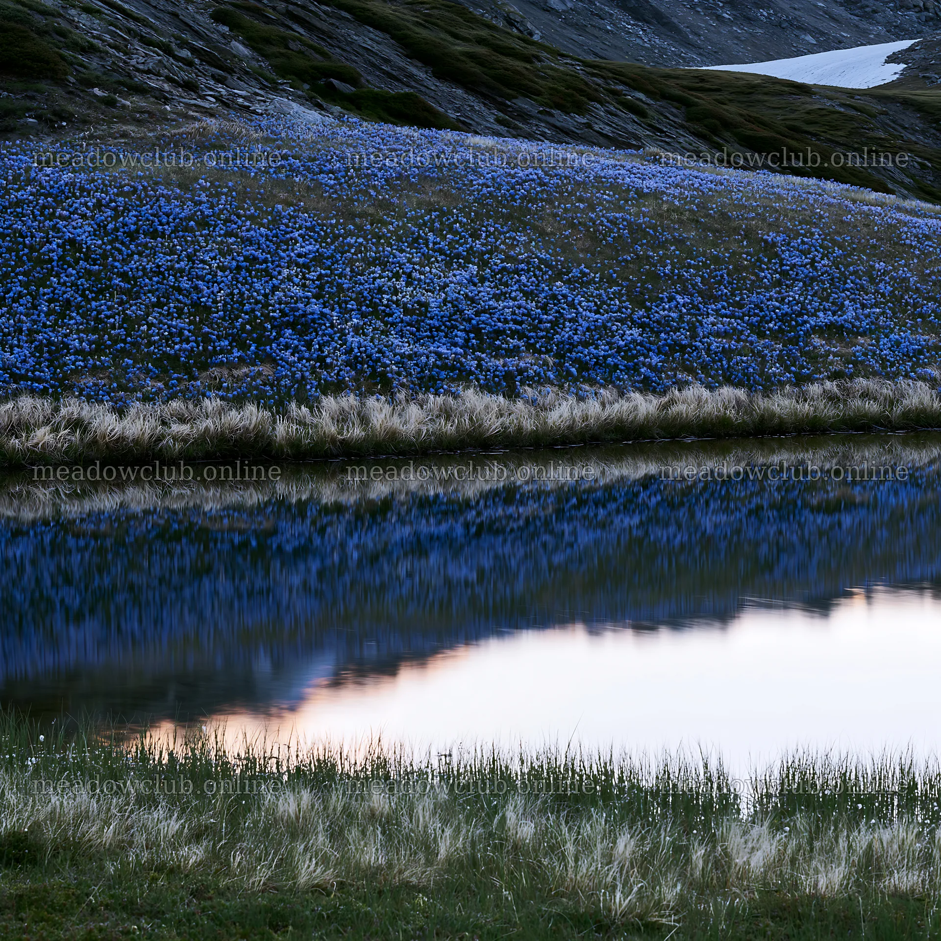 Switzerland meadow with blue flowers near alpine lake – meadow photos 7938x7938