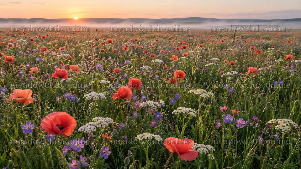 Colorful Flower Meadow at Sunrise in Morning Mist – meadow photos 10324x5812