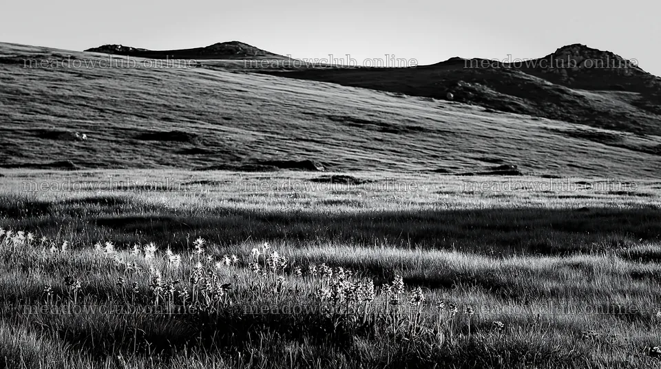 Regenerative meadow under soft light in black and white – meadow photos 10608x5938