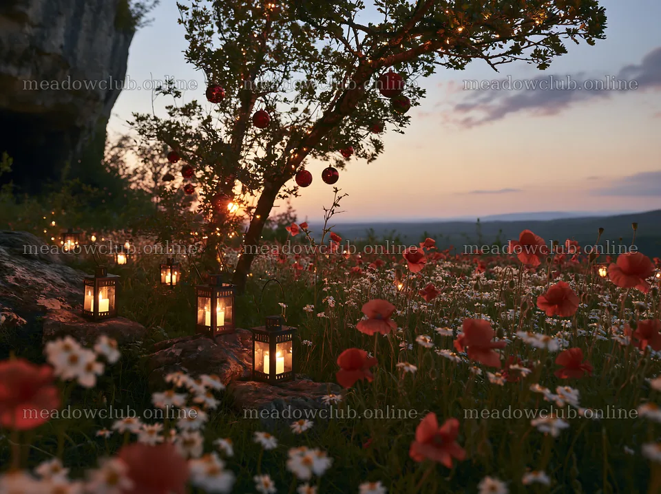 Christmas lanterns at dusk in meadow by cave – meadow photos 9174x6866