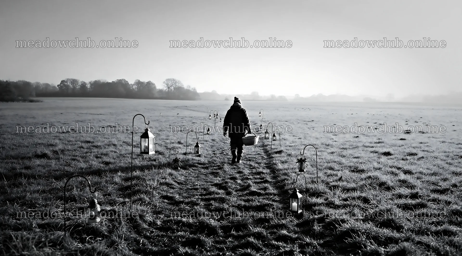 Walking through a meadow with Christmas lanterns in daylight – meadow photos 10648x5916