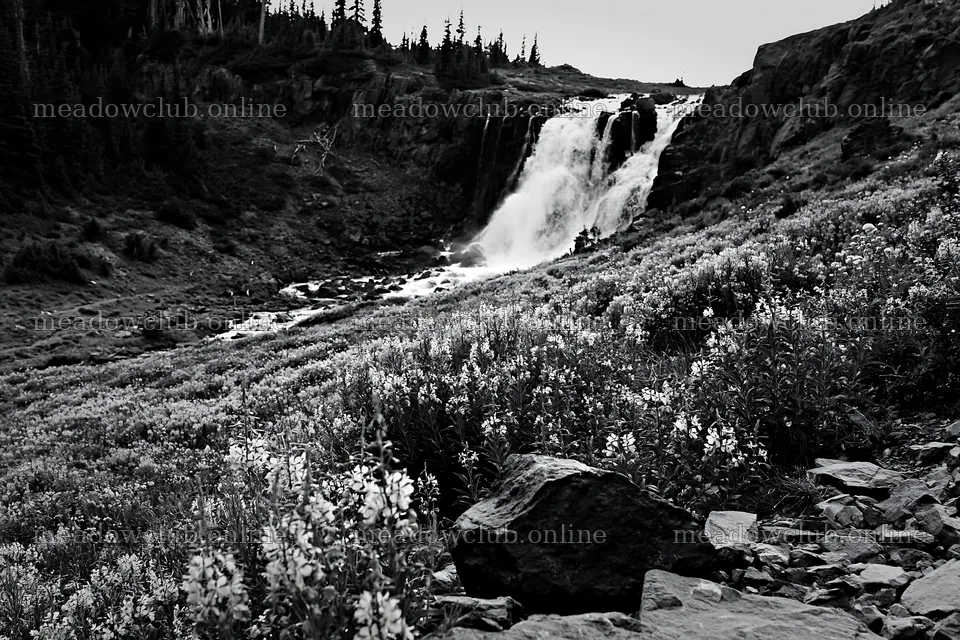 Cascade valley flower meadow with waterfall and rocks – meadow photos 9722x6480