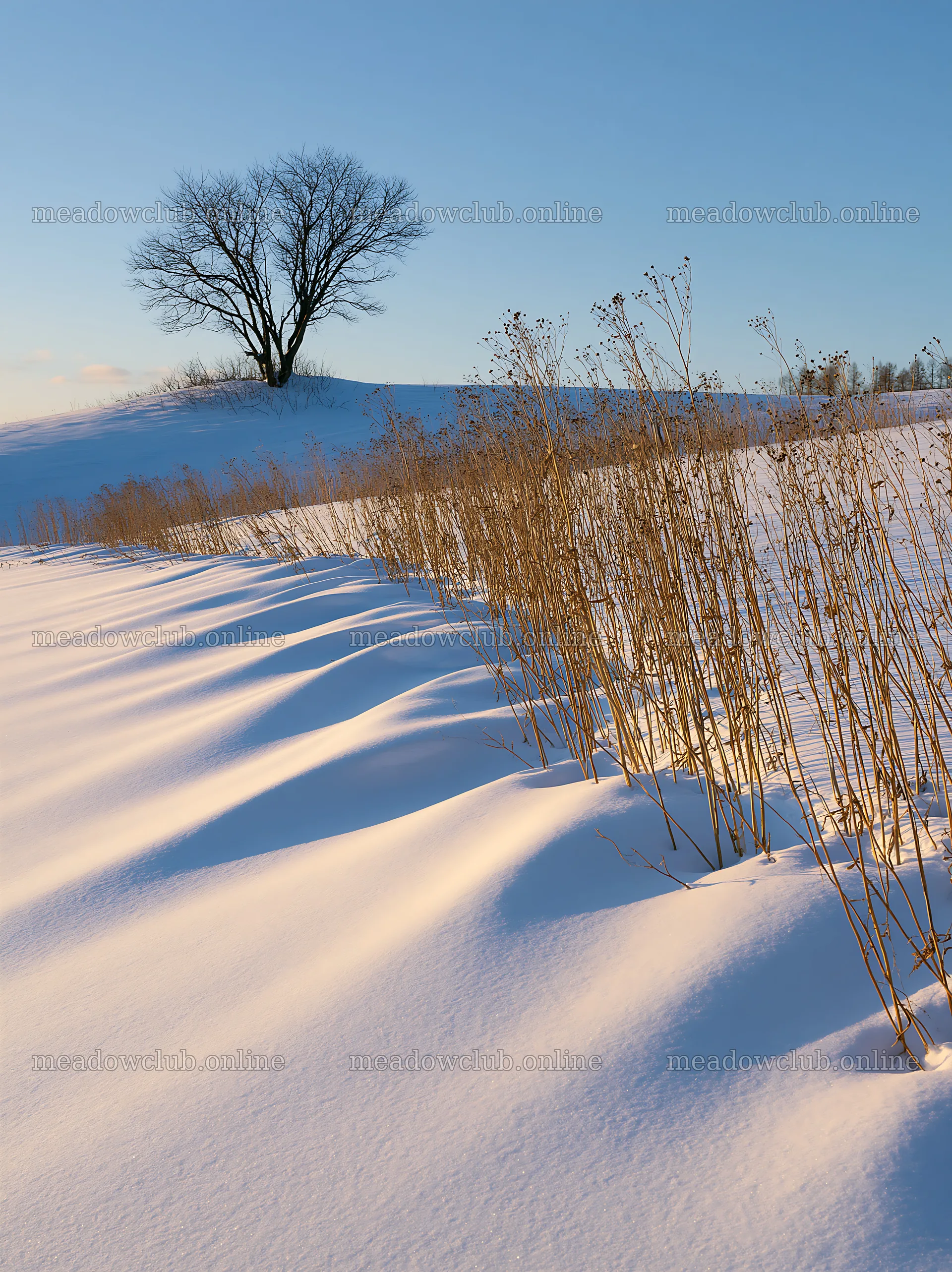 Snow covered Biei hills meadow with a single tree – meadow photos 6866x9174