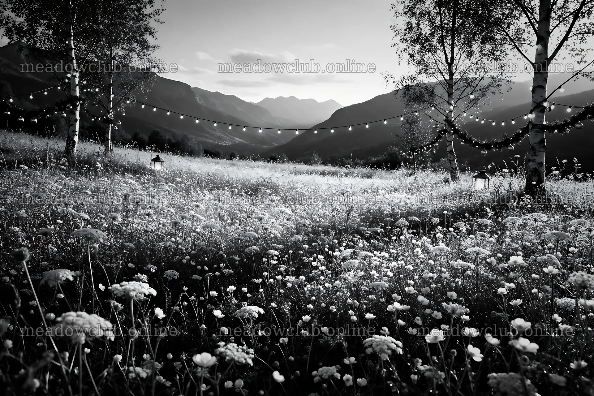 Mountain valley with Christmas string lights at dusk – meadow photos 9722x6480