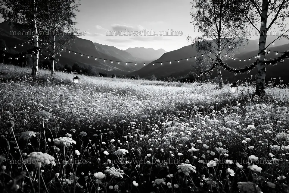Mountain valley with Christmas string lights at dusk – meadow photos 9722x6480