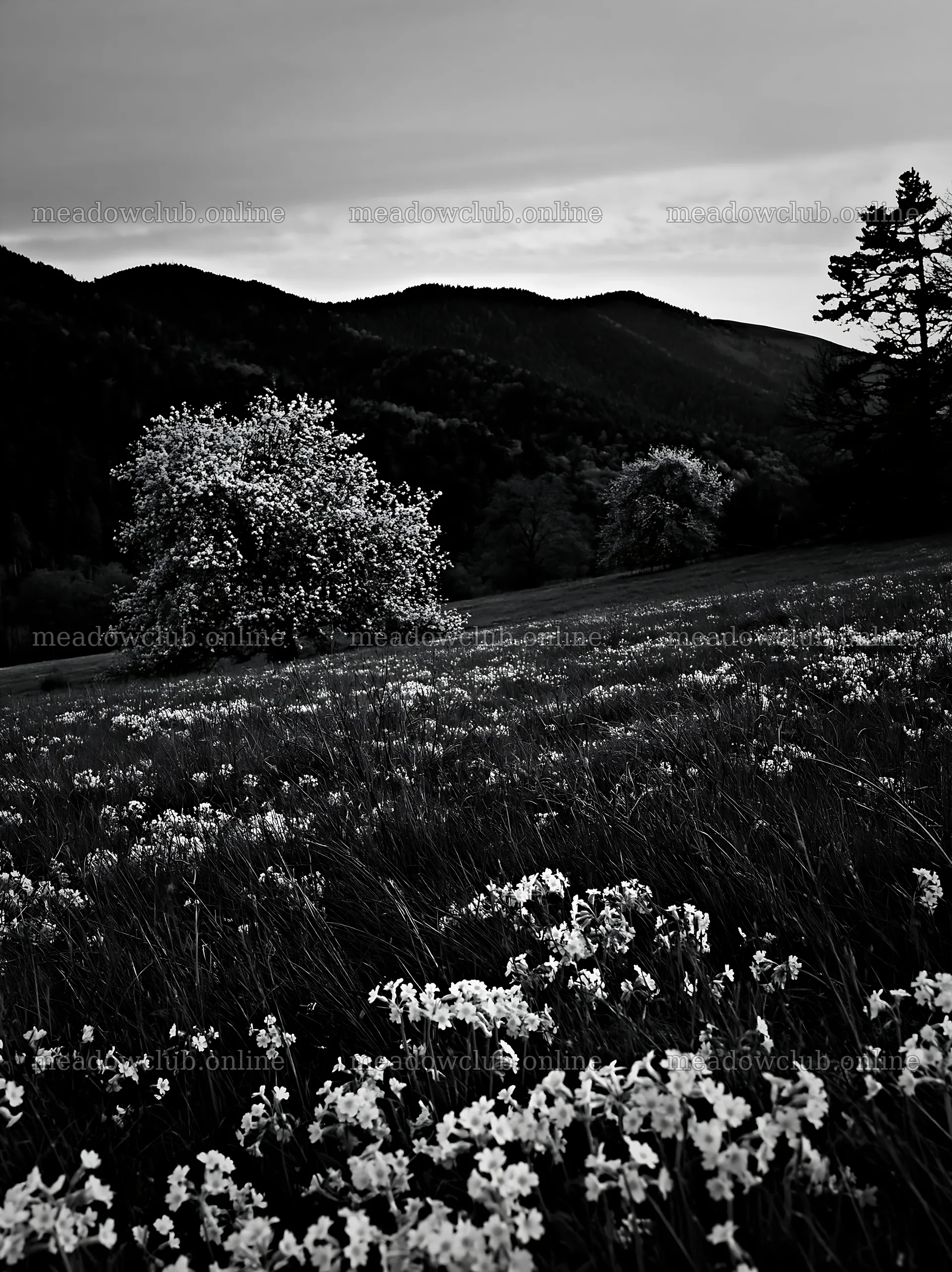Apple meadow at sunset with trees and flowers – meadow photos 6866x9174