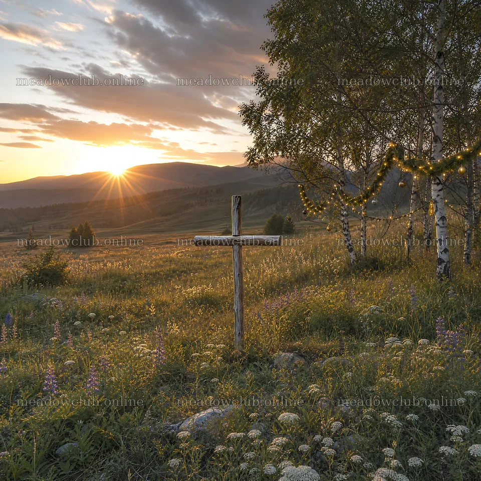 Wooden cross in meadow at sunrise with light rays in sky – meadow photos 7938x7938
