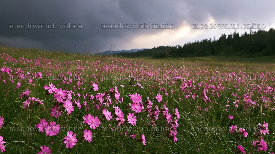 Pink campion flowers bloom in a meadow under stormy skies – meadow photos 10608x5938