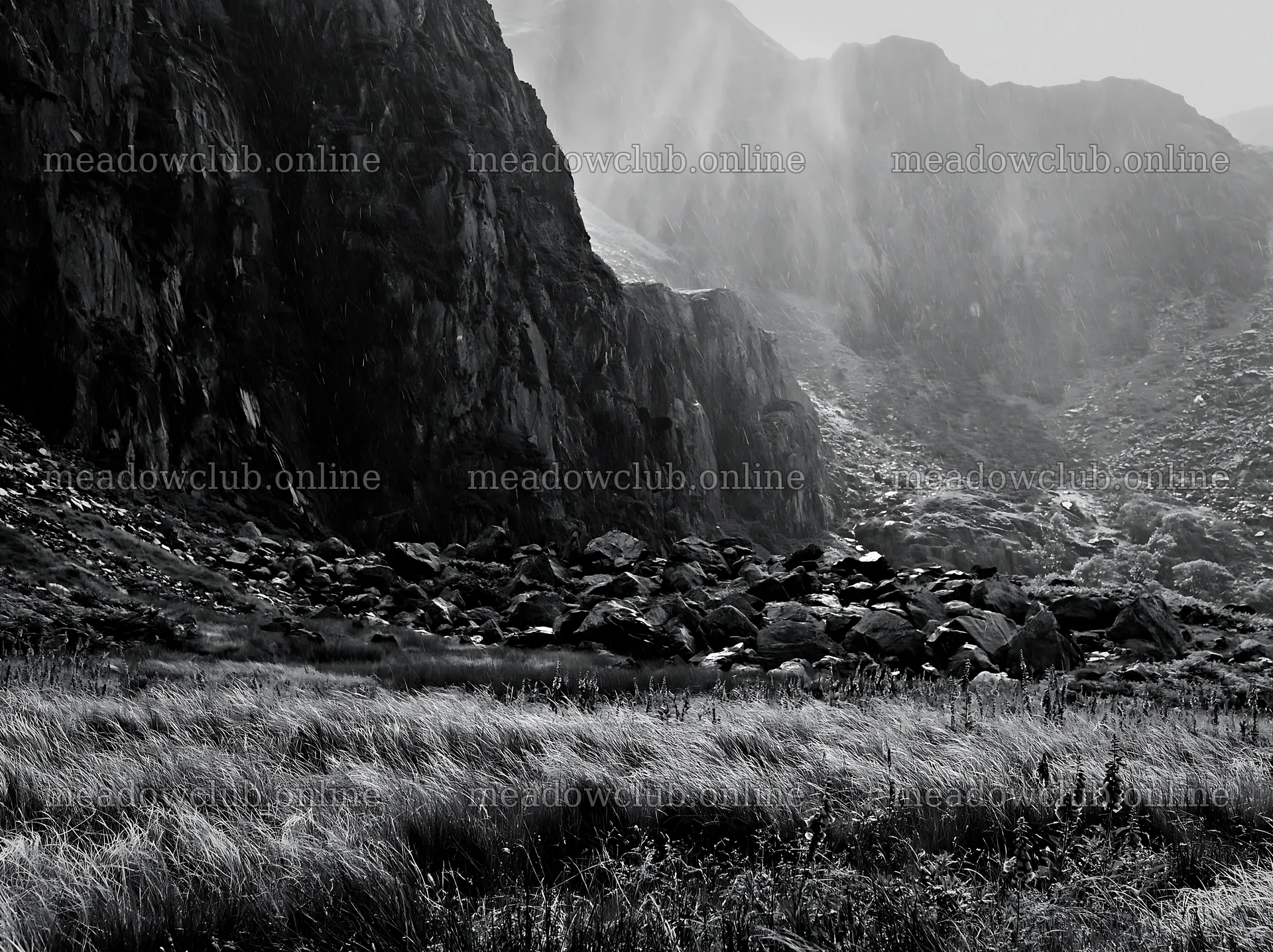 Meadow below crags with rocks and grass in black and white – meadow photos 9174x6866