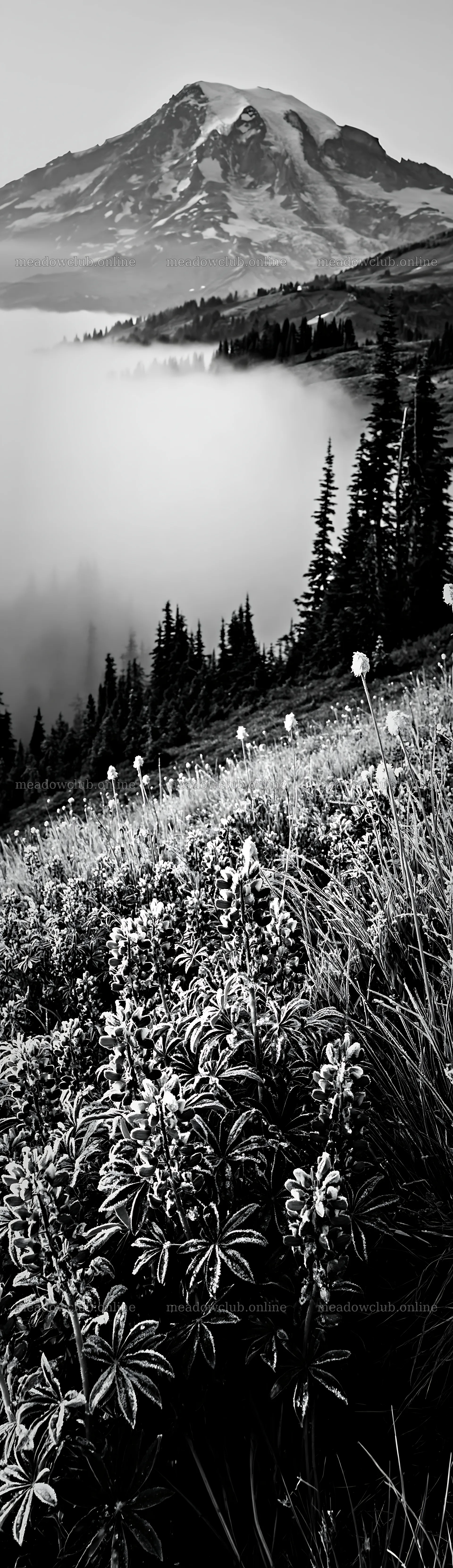 Mount Rainier wildflower meadow sunrise with blue flowers – meadow photos 4268x14762