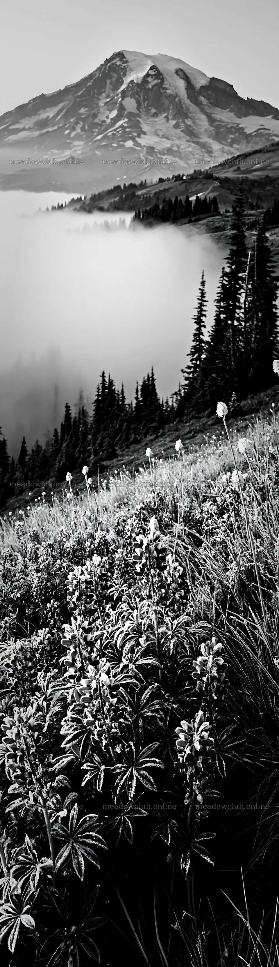 Mount Rainier wildflower meadow sunrise with blue flowers – meadow photos 4268x14762