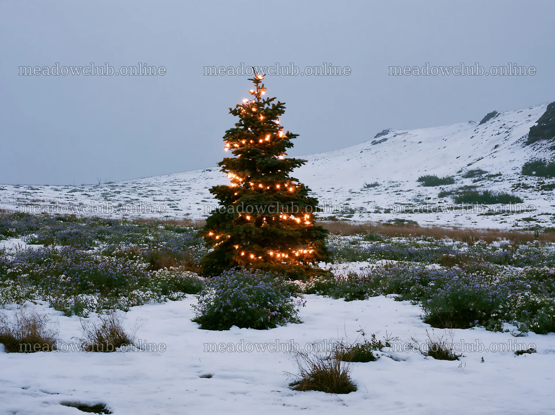 Decorated Christmas tree in a snowy meadow with lights – meadow photos 9174x6866