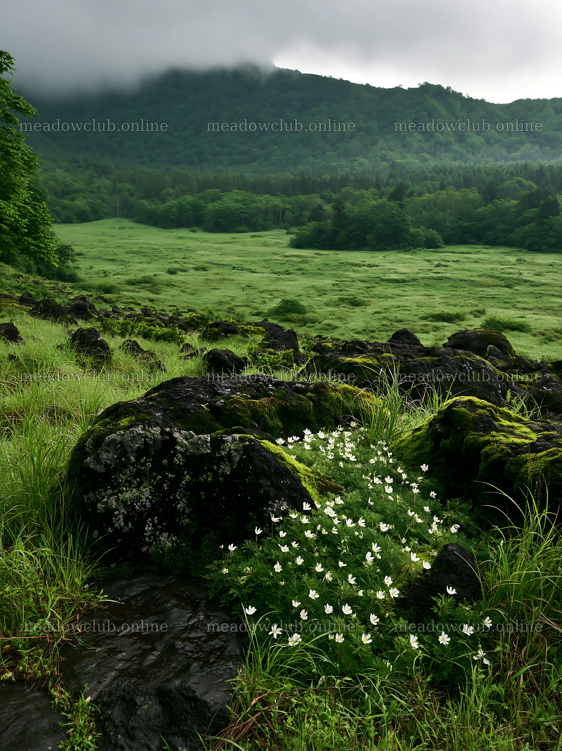 Miyagi spring recovery meadow mossy stone with flowers and rocks – meadow photos 6866x9174