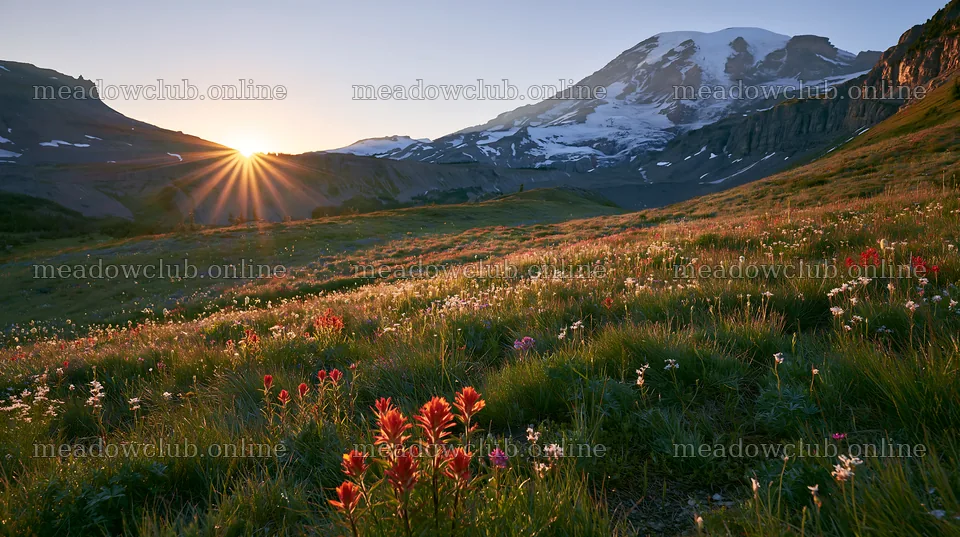 Mount Rainier wildflower meadow at sunrise – meadow photos 10608x5938