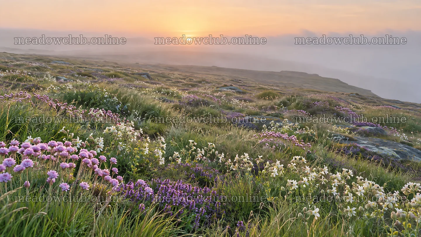 Colorful Wildflower Meadow in Morning Mist at Sunrise – meadow photos 10331x5808