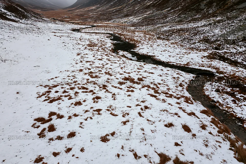 Aerial view of snowy meadow valley with a winding stream – meadow photos 9722x6480