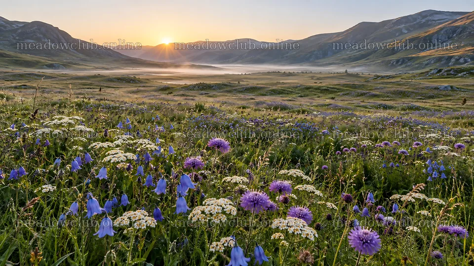 Wildflower Meadow in a Mountain Valley at Sunrise – meadow photos 10324x5812