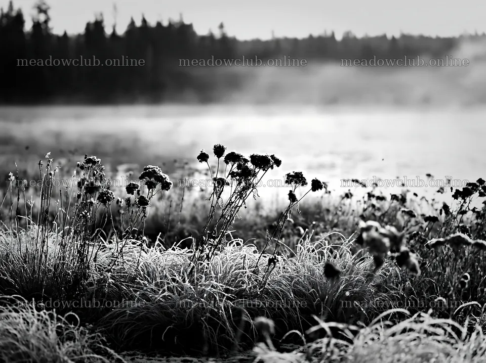 Snowy lakeside meadow with frost-covered plants in morning light – meadow photos 9174x6866