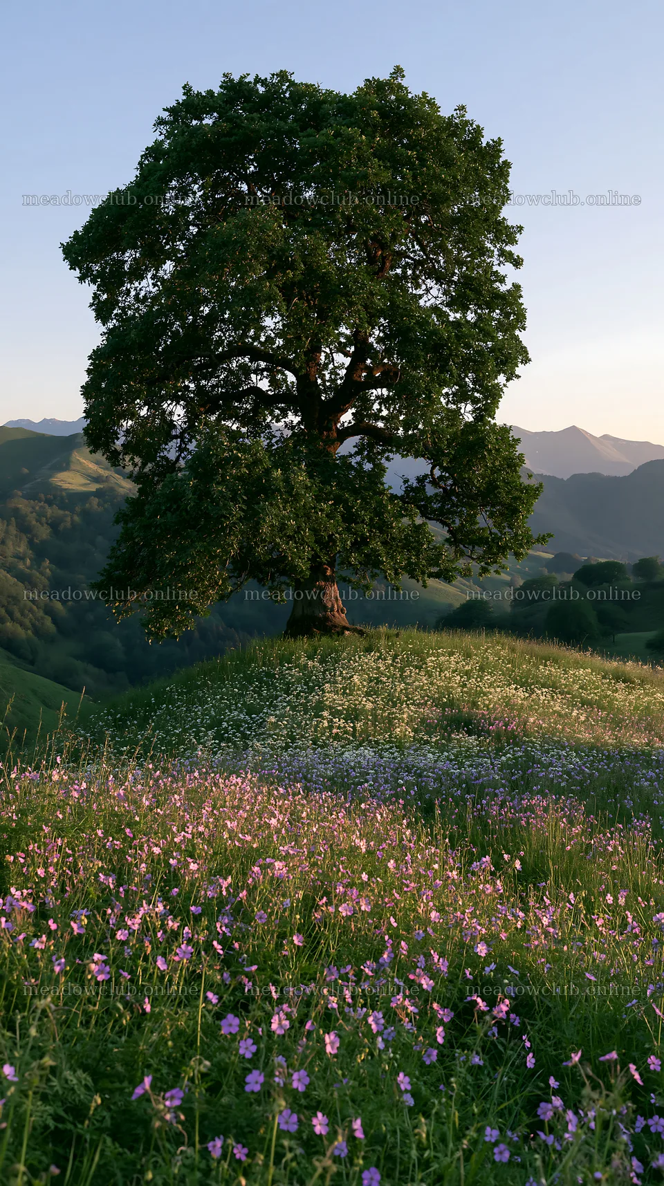 French meadow below Pyrenees range with tree and wildflowers – meadow photos 5938x10608