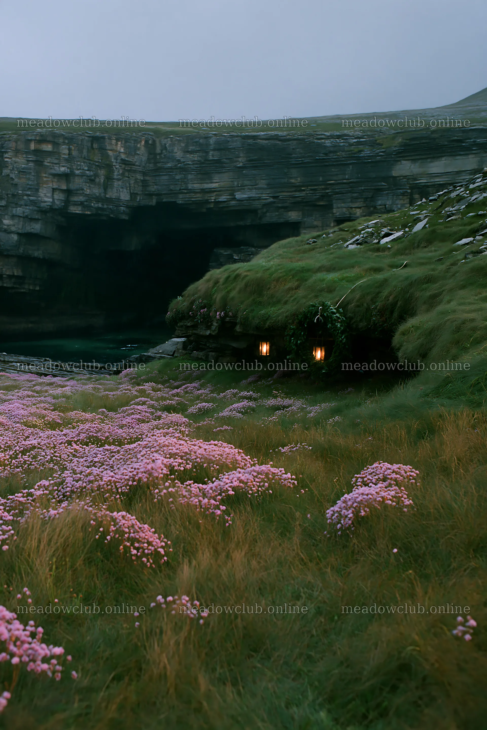 Christmas lights near cave in meadow landscape – meadow photos 6480x9722