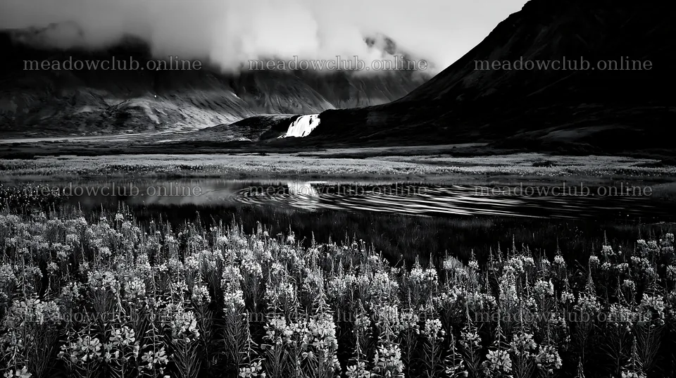 Flower meadow with waterfall reflection at a mountain location – meadow photos 10608x5938