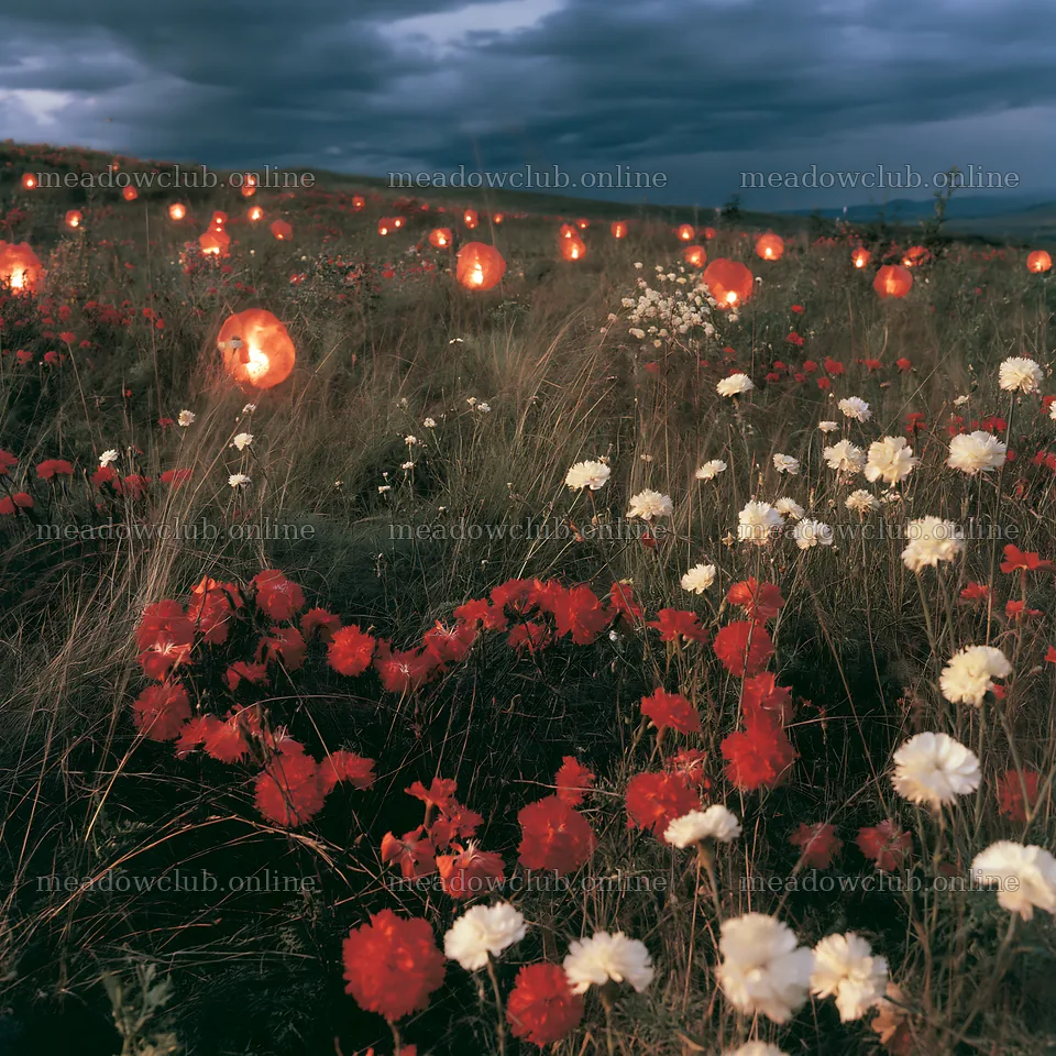 Christmas lanterns in meadow with dramatic cloud light – meadow photos 7938x7938