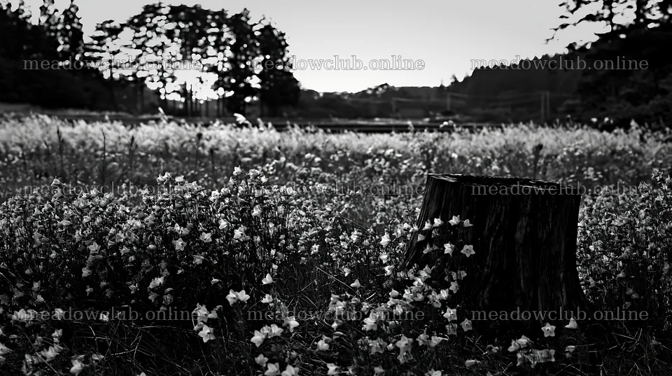Fukushima native meadow with weathered stump at sunset – meadow photos 10608x5938
