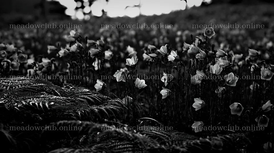 Tokushima mountain meadow fern frond foreground with blooming flowers – meadow photos 10608x5938