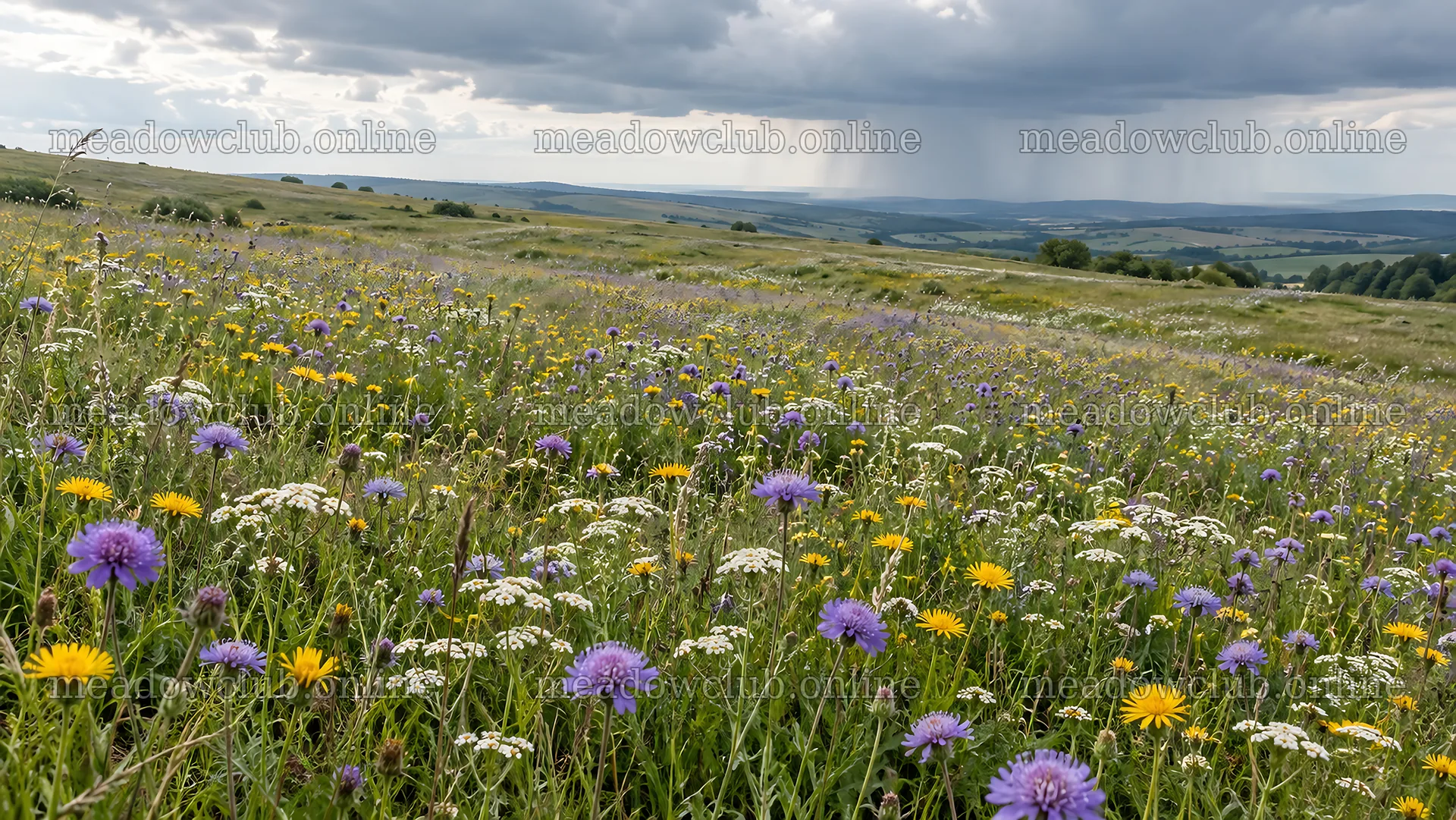 Colorful wildflowers bloom across a stormy hillside – meadow photos 10324x5812