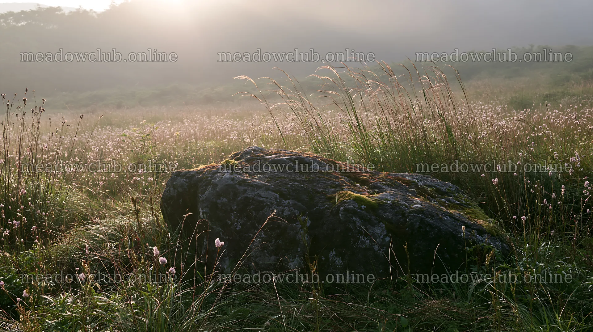 Misty meadow with moss covered stone in Shimane – meadow photos 10608x5938