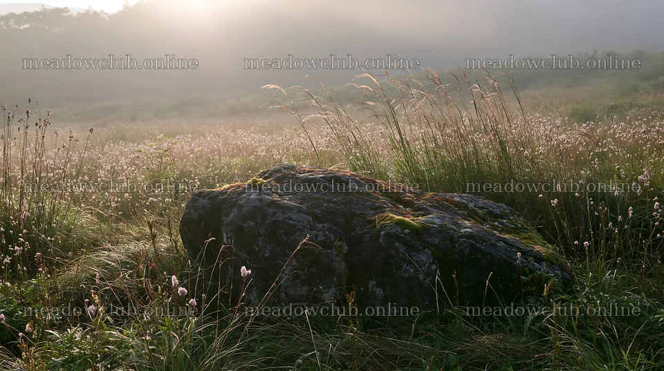 Misty meadow with moss covered stone in Shimane – meadow photos 10608x5938