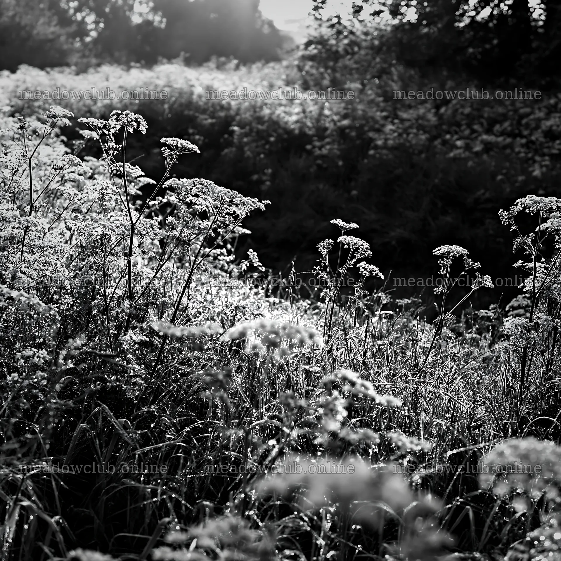 Cow parsley meadow with bright sunlight shining through – meadow photos 7938x7938