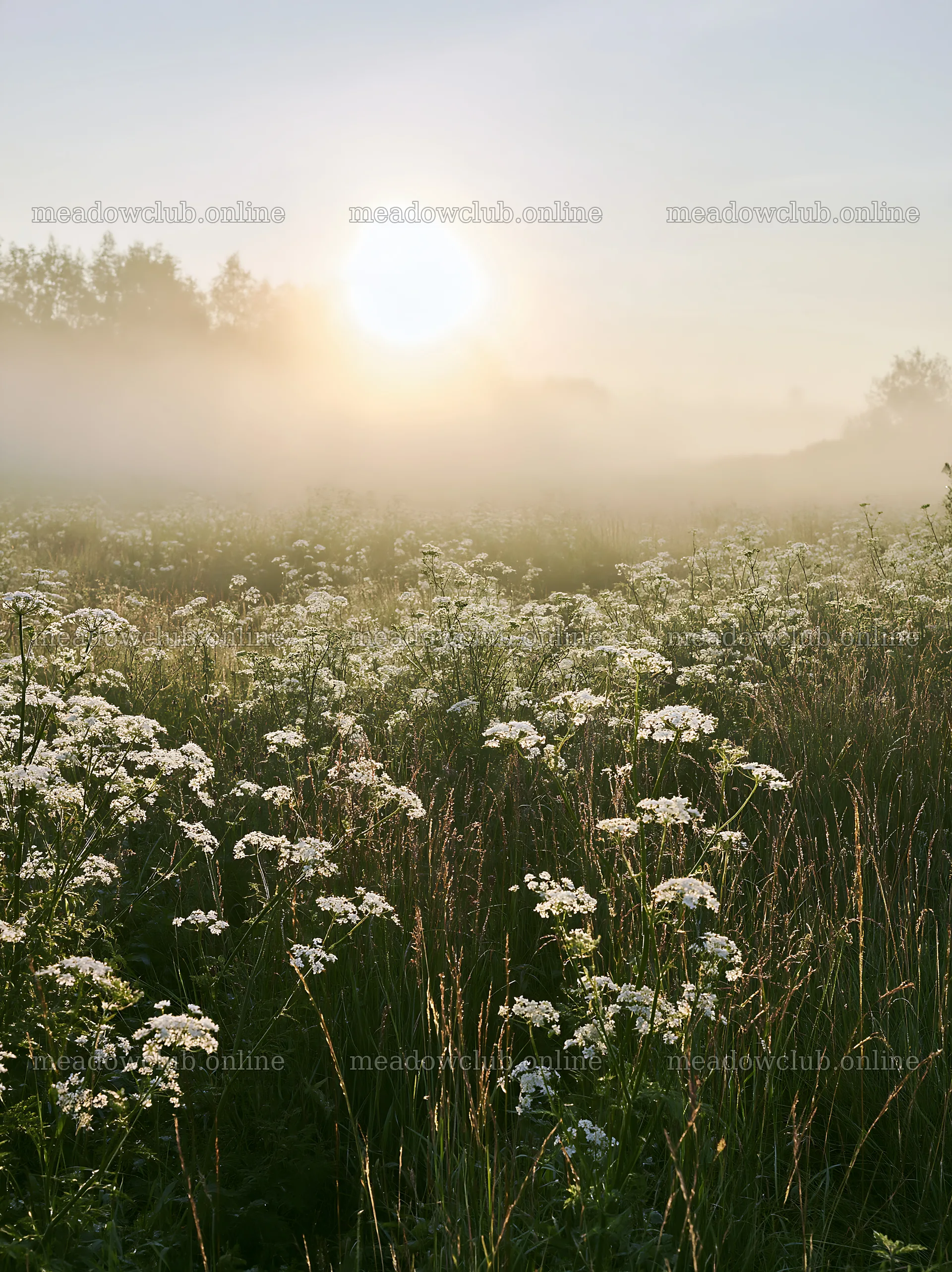 Cow parsley meadow at sunrise in soft morning light – meadow photos 6866x9174