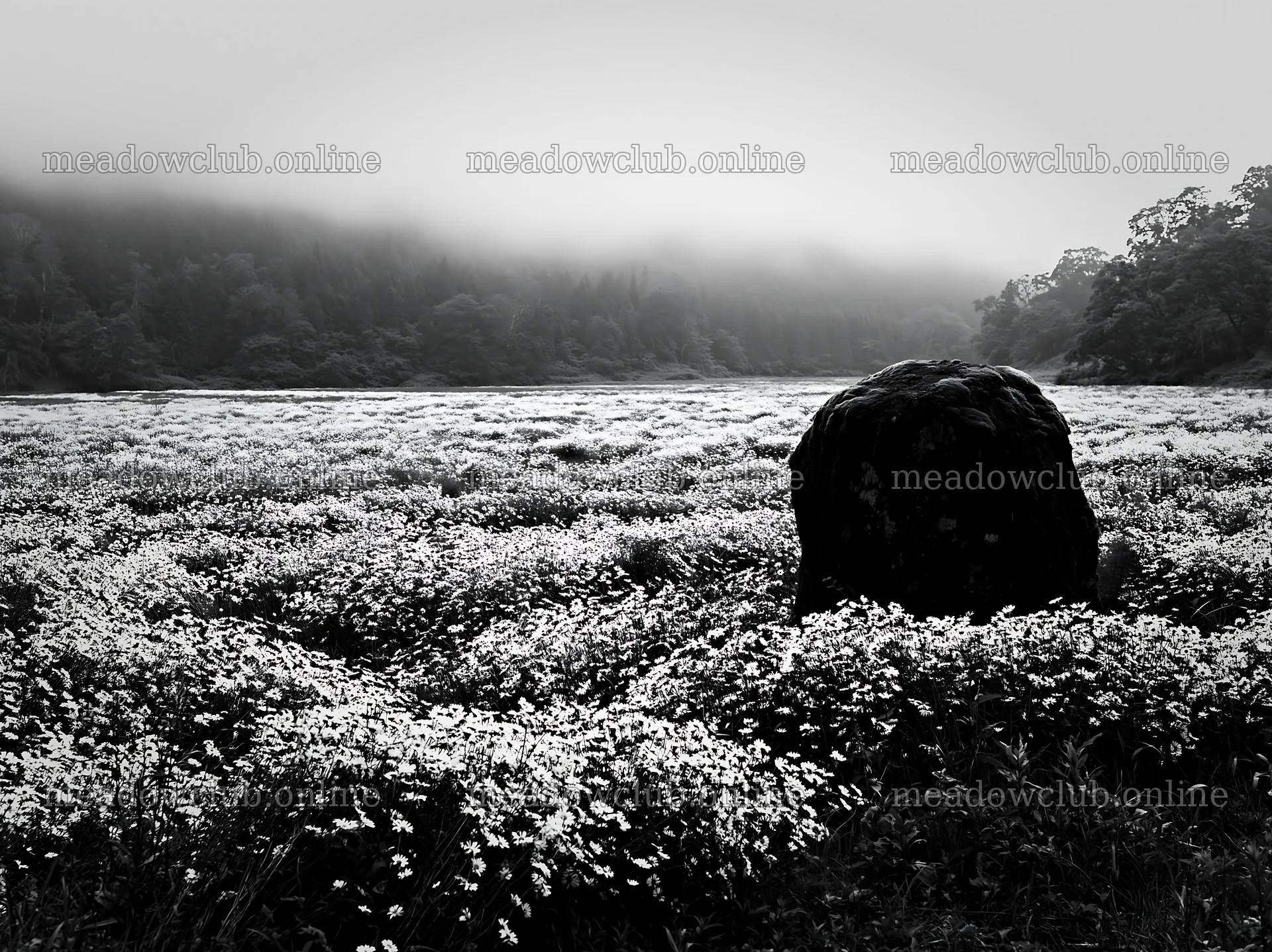 Misty meadow with moss covered stone in Shimane – meadow photos 9174x6866