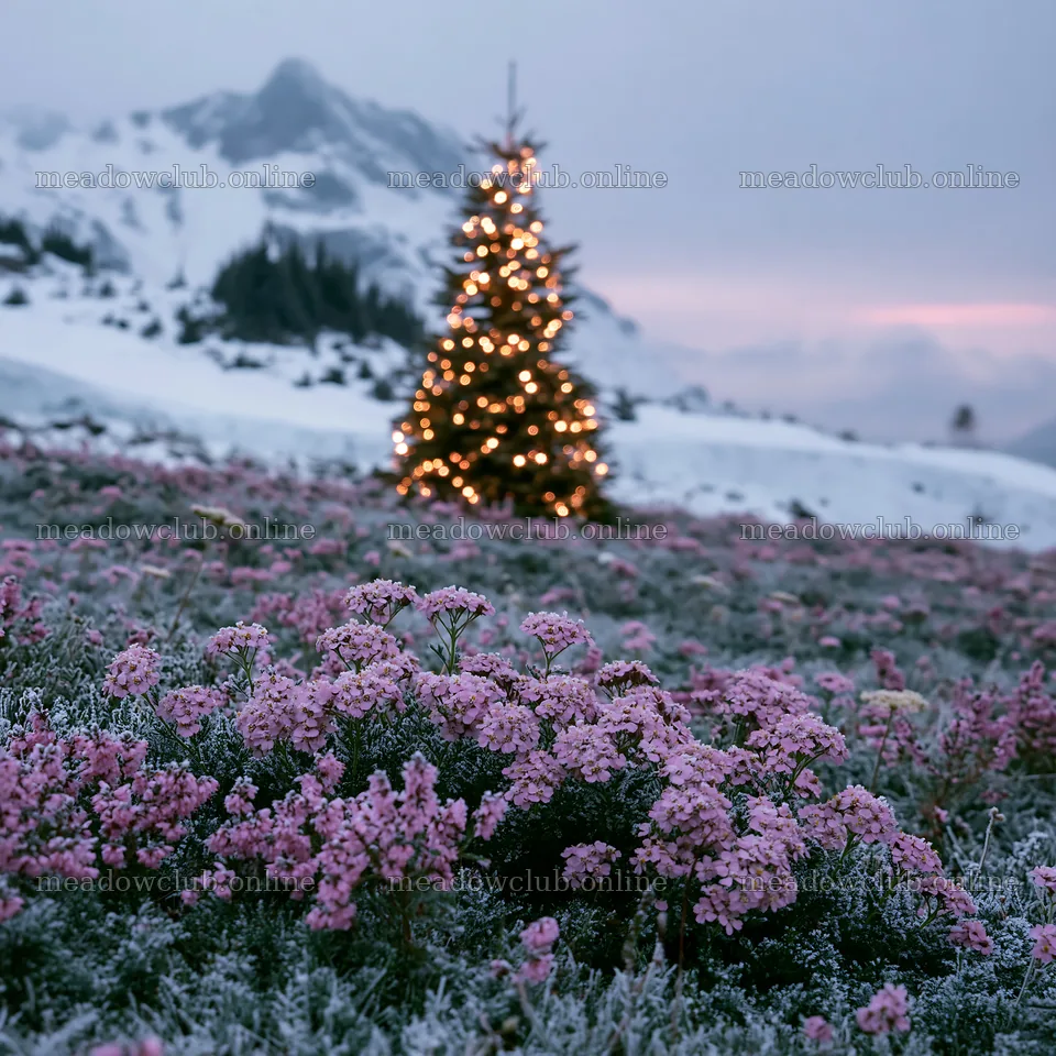 Christmas tree with lights in snowy mountain valley meadow – meadow photos 7938x7938