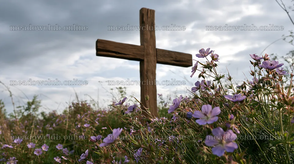 Handcrafted Christian cross surrounded by flowers in a meadow – meadow photos 10608x5938