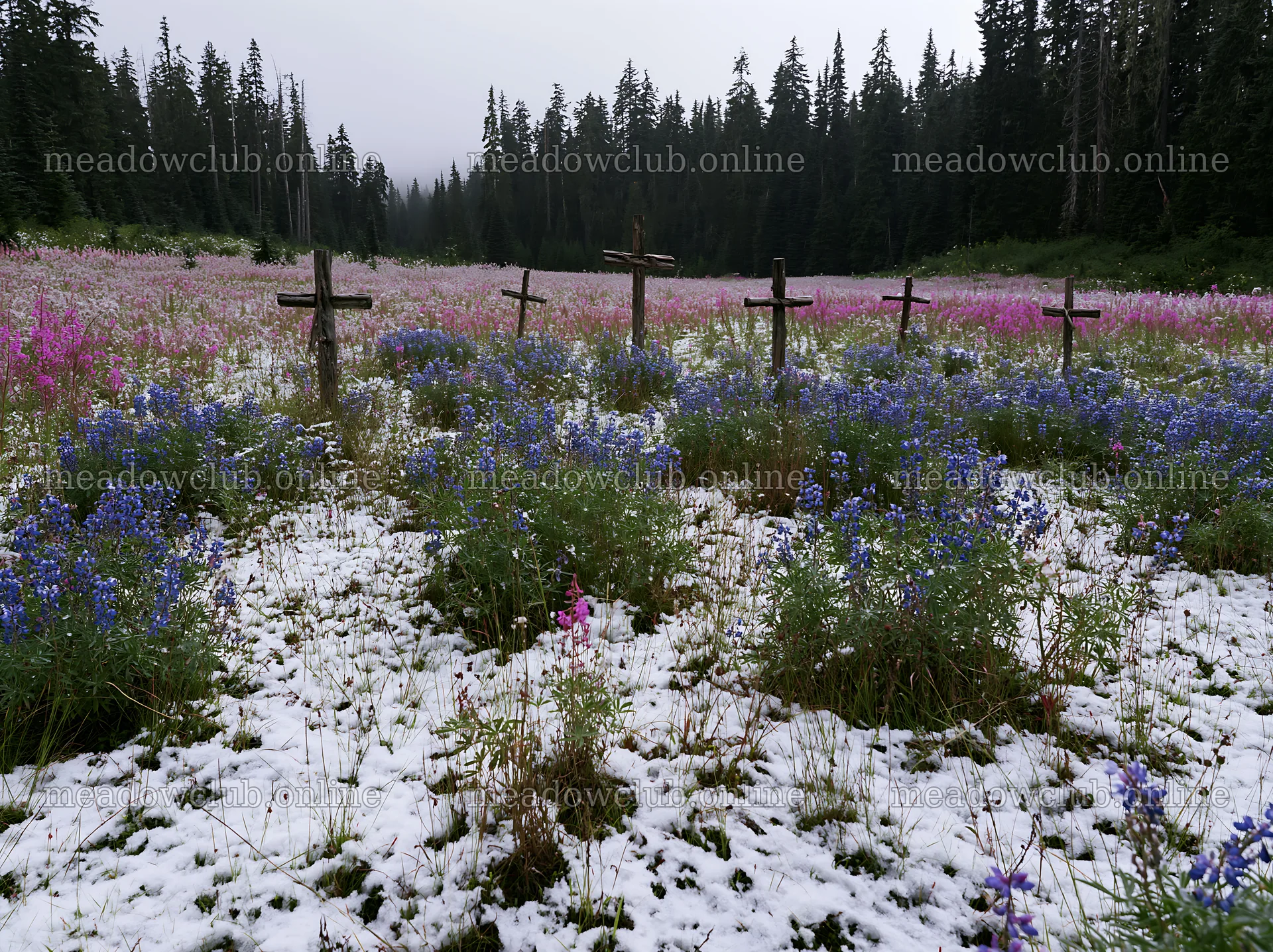 Multiple Christian crosses in snowy meadow with flowers – meadow photos 9174x6866
