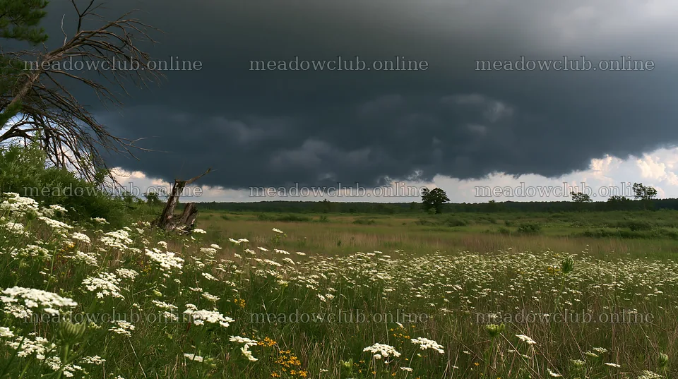 Fukushima native meadow with weathered stump under dark clouds – meadow photos 10608x5938