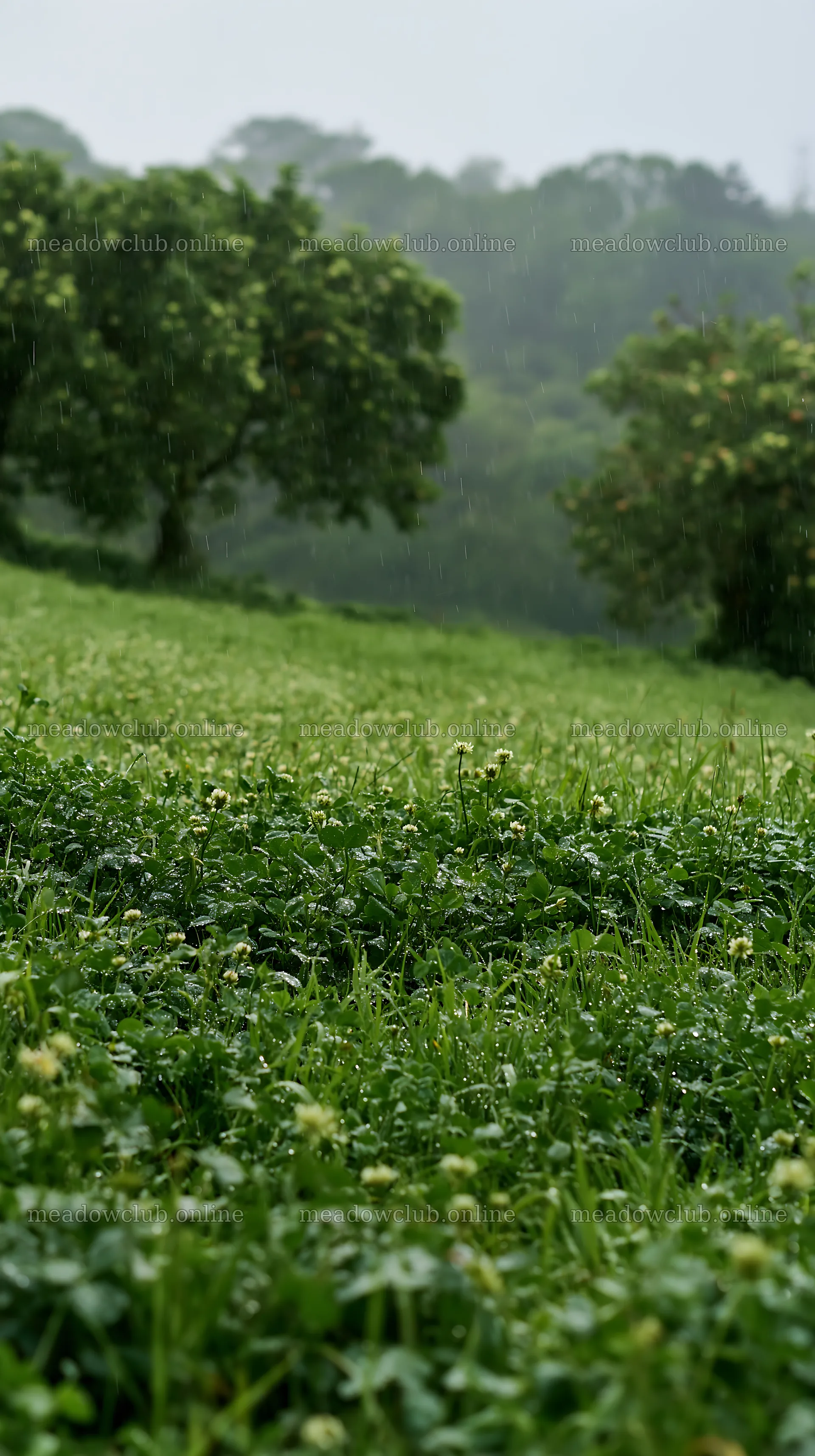 Clover apple meadow with trees and gentle rain in the distance – meadow photos 5938x10608