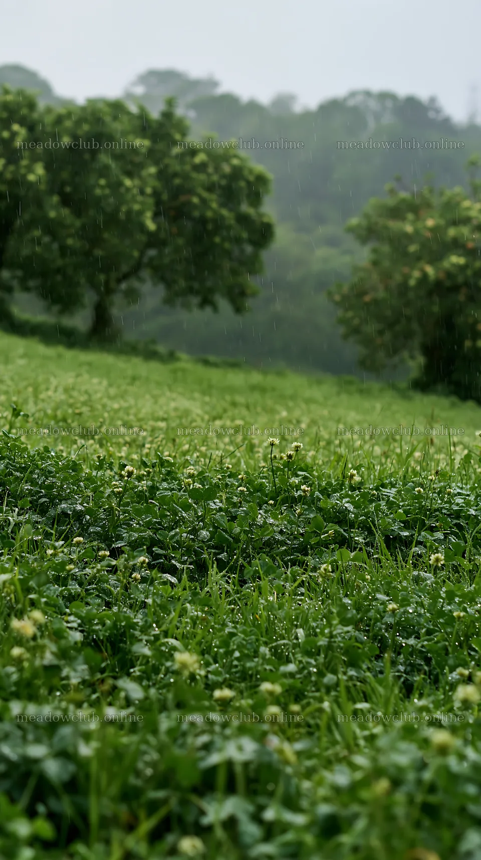 Clover apple meadow with trees and gentle rain in the distance – meadow photos 5938x10608