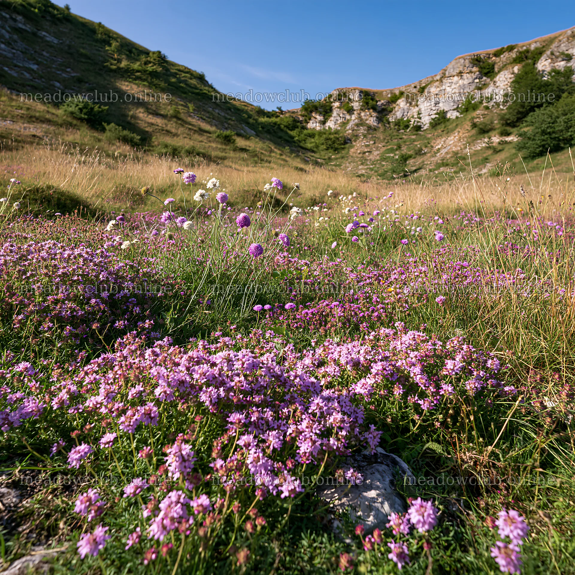 Sunny dry meadow hillside with blooming flowers – meadow photos 7938x7938