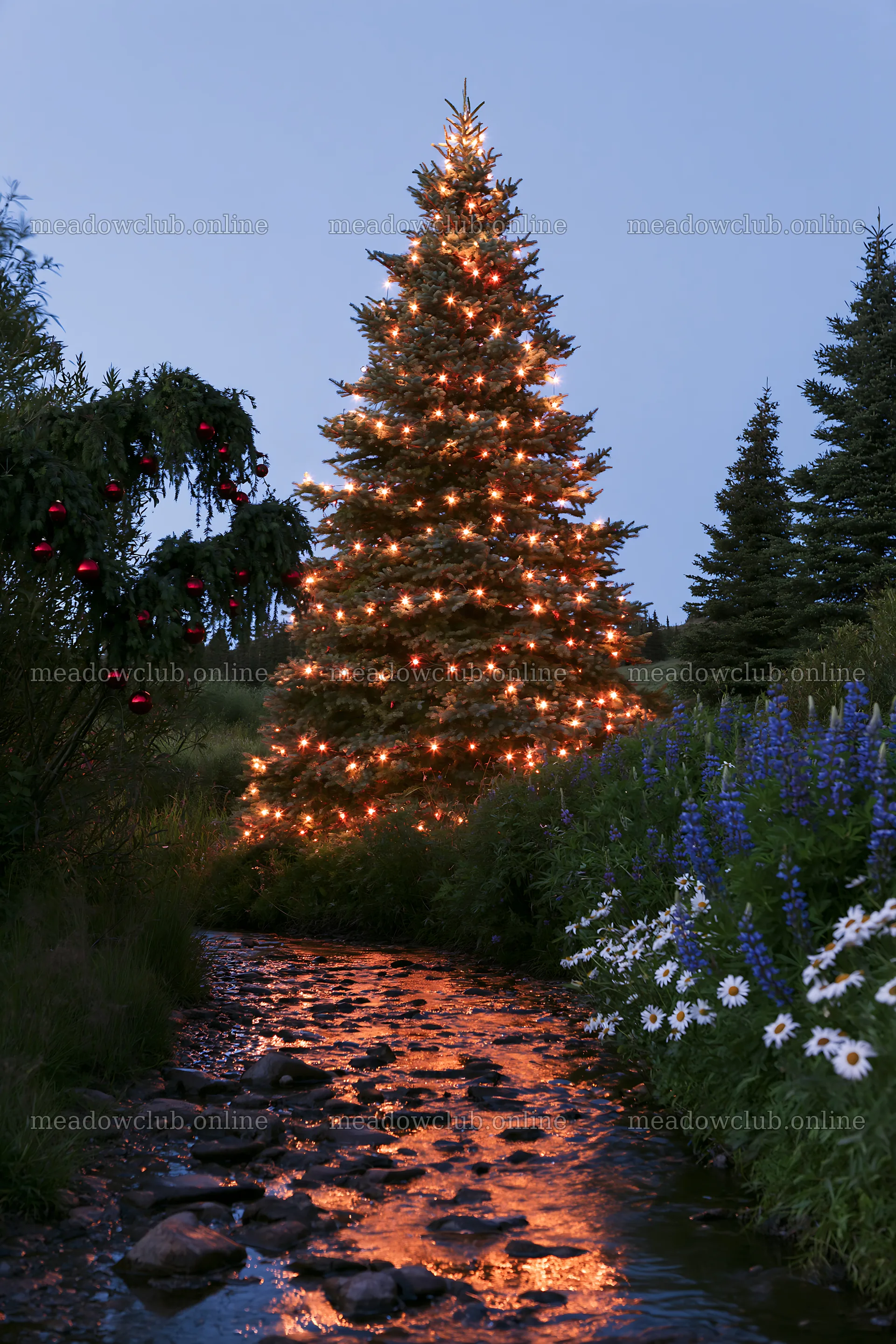 Christmas tree at dusk beside stream in meadow – meadow photos 6480x9722