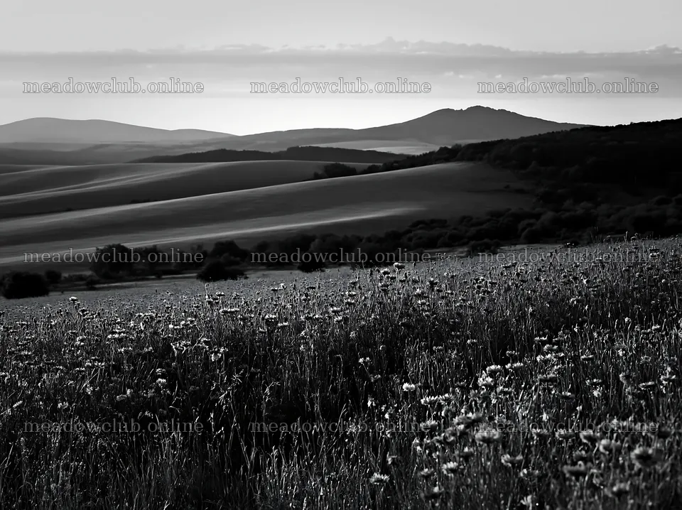 Cornflower meadow with hills in black and white – meadow photos 9174x6866