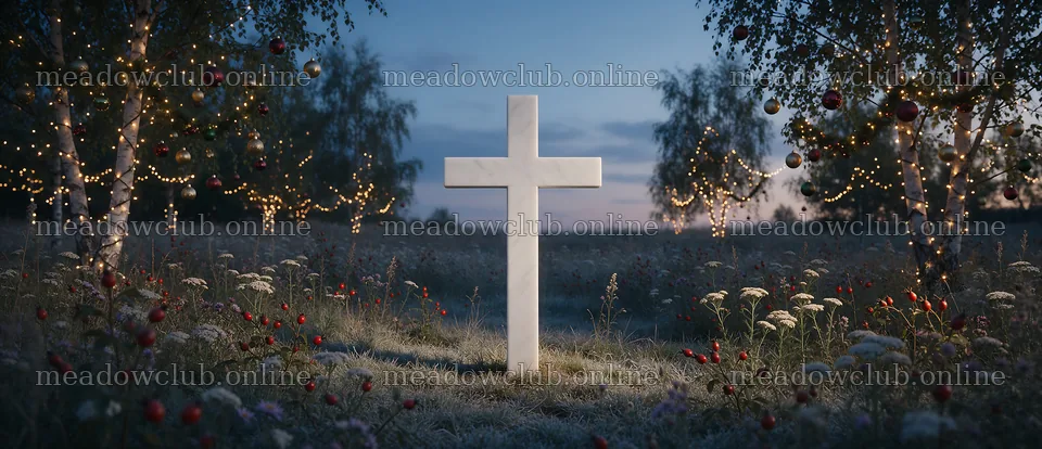 Marble Christian cross in a meadow surrounded by lights – meadow photos 12094x5210