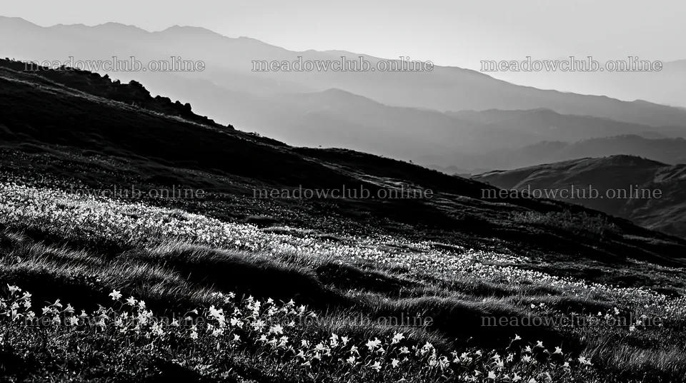 Kirigamine highland daylily meadow in black and white – meadow photos 10608x5938