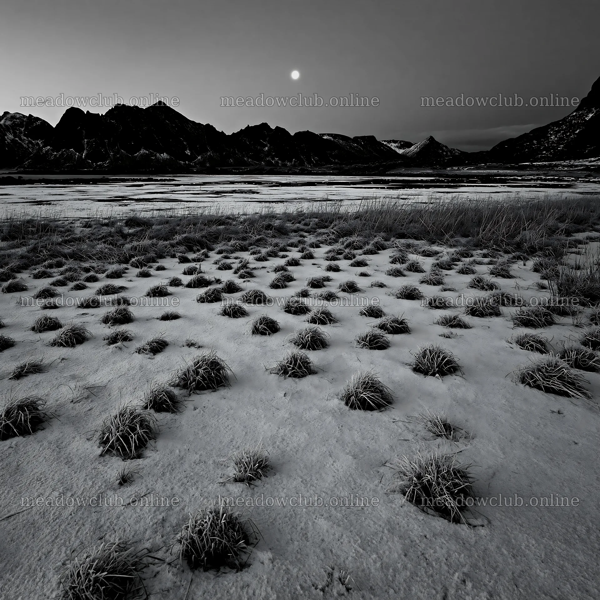 Lofoten coastal meadow in winter with snow and moonrise – meadow photos 7938x7938