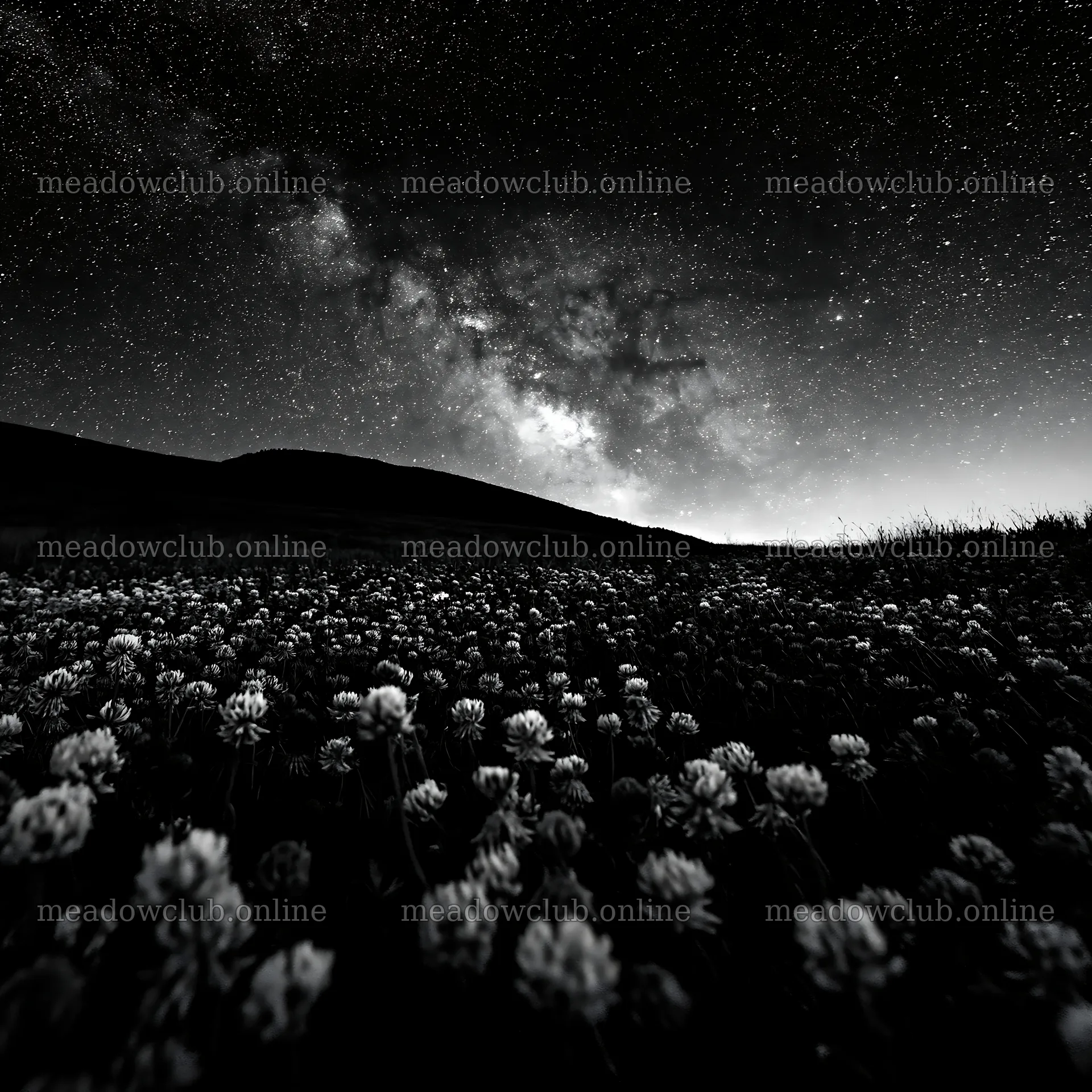 Colorful clover meadow under a starry sky at night – meadow photos 7938x7938