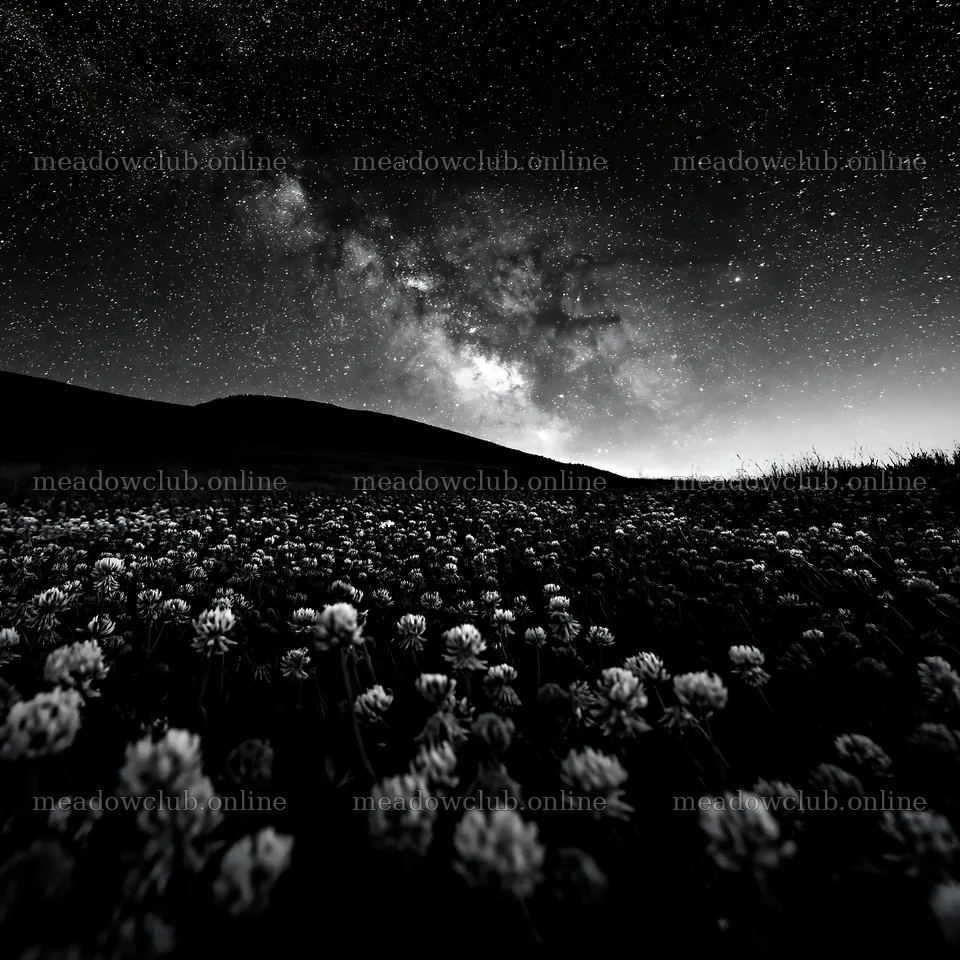 Colorful clover meadow under a starry sky at night – meadow photos 7938x7938